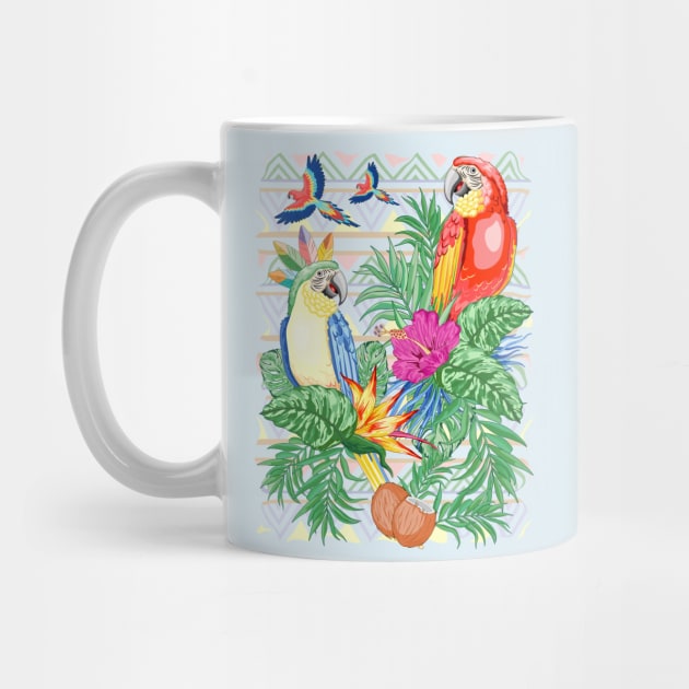 Macaws Parrots Exotic Birds on Tropical Flowers and Leaves by BluedarkArt